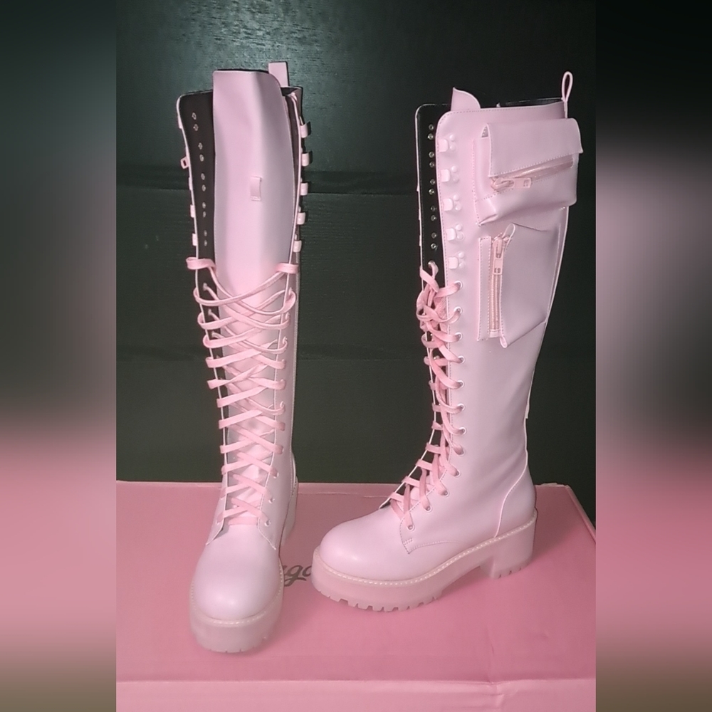 Pink Knee High Combat Boots